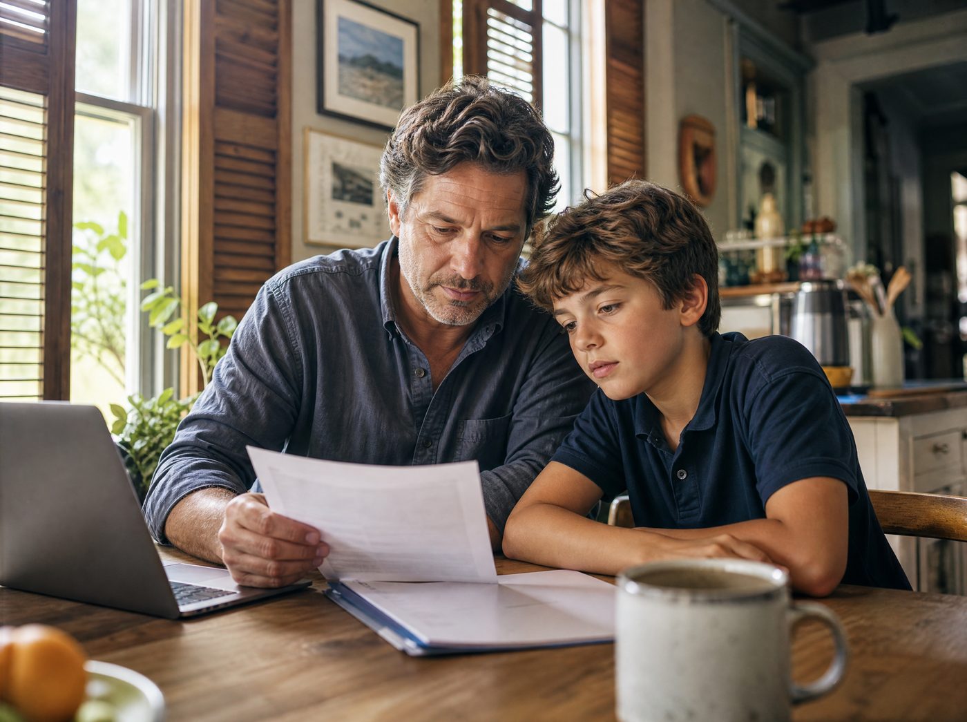 New Orleans father and son reviewing a school tuition letter at the kitchen table